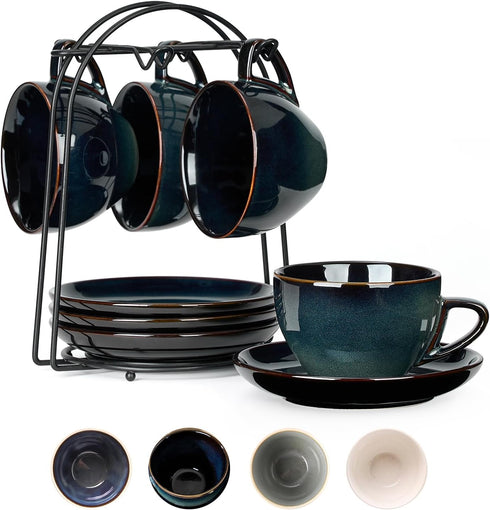 SIDUCAL Espresso Cups Set of 4, 8oz Porcelain Coffee Cups with Saucers, Microwave/Dishwasher Safe