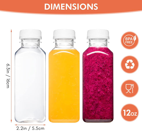 12oz 6pcs Norcalway Plastic Juice Bottles with Caps, Reusable Juicing Bottles, Clear Drink Containers with Lids