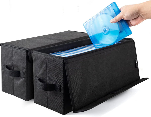 DVD Storage Boxes, Pack of 2, Holds 40 DVDs in Jewel Cases, 80 in Slim Cases, 200 in Sleeves, Black