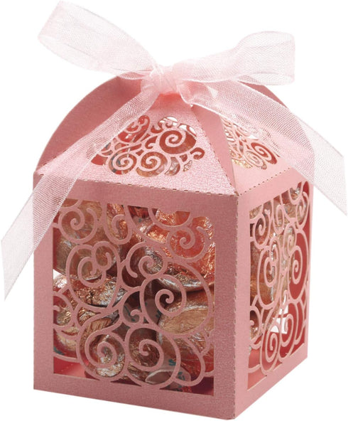 KPOSIYA 100 Pack Wedding Favor Boxes | Laser Cut Small Gift Boxes for Wedding, Baby Shower, Birthday Party (Pink)