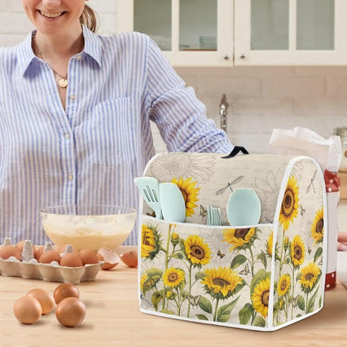 Sunflower Dragonfly Dust-proof Cover for Kitchen Aid Mixer, Water-resistant with 2 Pockets for Accessories, Easy