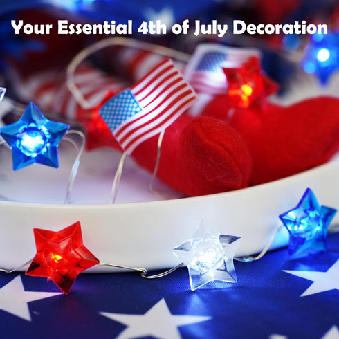 Libreath 4th 13FT 40LED of July Decorations Red White and Blue Star American Flag Lights Fairy String Lights Battery