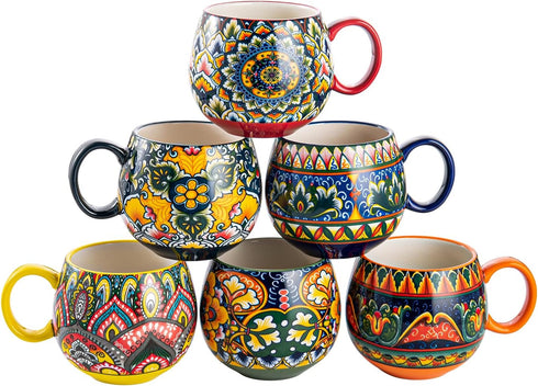 Henten Home Ceramic Coffee Mug Set of 6, 20 oz Colorful Coffee