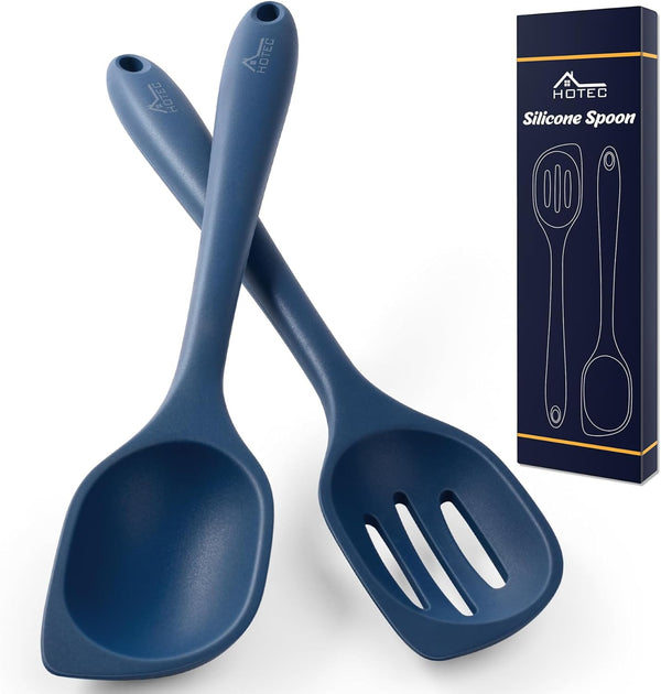 HOTEC Heat Resistant Silicone Cooking Spoon Spatula, Large Solid and Slotted Spoons, Non-stick, Dishwasher Safe,