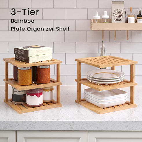 2 Pack Shelf,3 Bamboo Corner Tier Kitchen Cabinet Organizer for Plates and Dishes,Pantry Storage and Spice RackNatural