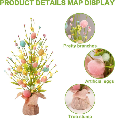 18 Inch Summer RoseCraft Easter Decorations, Artificial Pre-Lit Easter Egg Tree Tabletop Decor with Delicate Ornaments