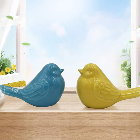 yhcdsea 2pcs-Set Yellow/Blue Decorative Bird Figurine, Glazed Ceramic Chubby Bird Figure for Indoor Outdoor Decor