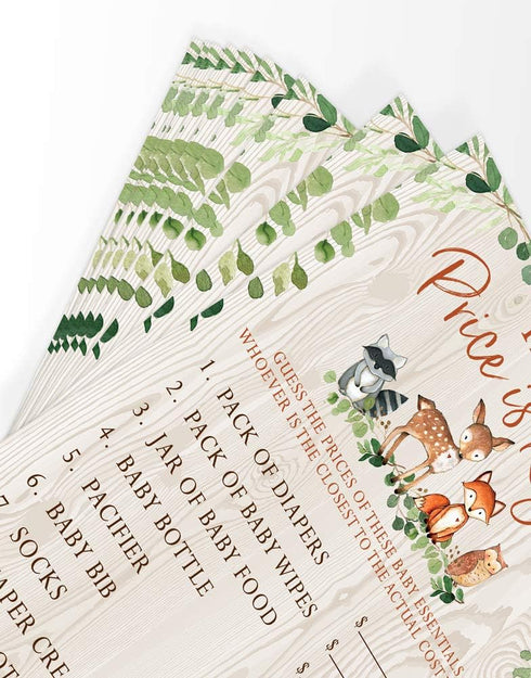 Printed Party Baby Shower Games – The Price is Right Game, Woodland Forest Animals Theme, 50 Cards