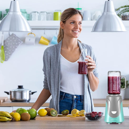 OVENTE Electric Personal Portable Blender, 18 Ounce Drink Mixer with Glass Jar and Stainless Steel Blades (Turquoise)