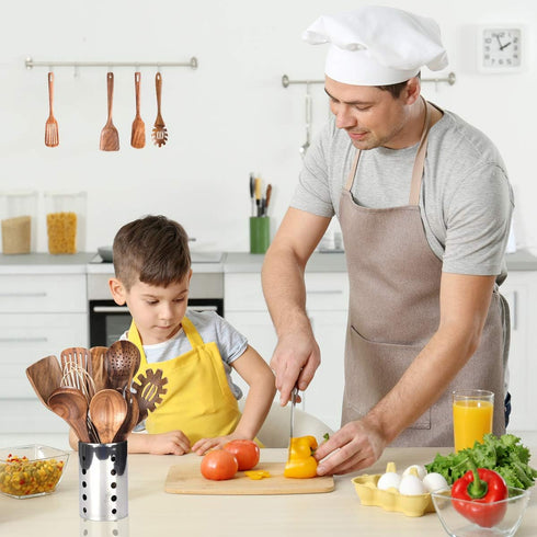 Kitchen Utensils Set with Holder, Wooden Cooking Utensils, Natural Teak Wood Spoons, Set with Spatula and Ladle (11)