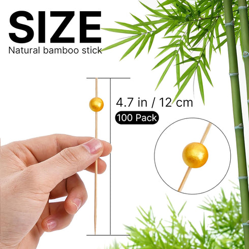 PuTwo Handmade Bamboo Cocktail Picks - Appetizer Toothpicks, 100 Counts, 4.7” with Yellow Pearls