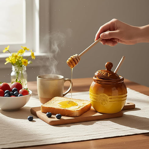2 Pack 12 Oz Hiceeden Ceramic Honey Pot with Dipper and Lid, Yellow Honey Jar Bee Embossed Honey Storage Container
