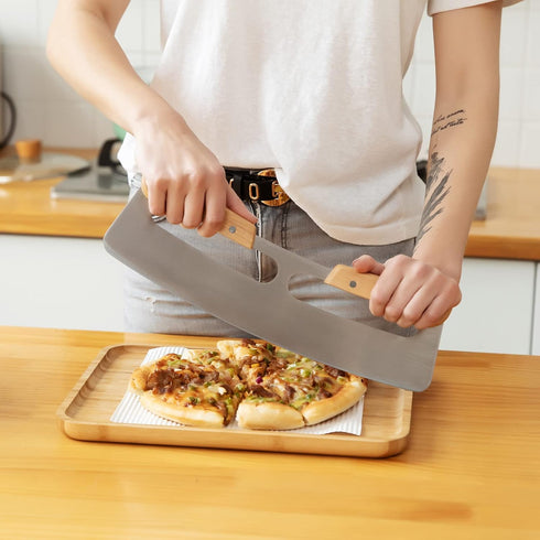 Pizza Cutter Rocker with Wooden Handles & Protective Cover by Zocy, 14" Sharp Stainless Steel Slicer