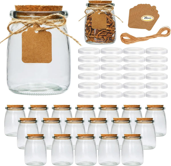 Brajttt Mini Yogurt Jars 20 Pack, 7 oz Glass Favor Jars with Cork