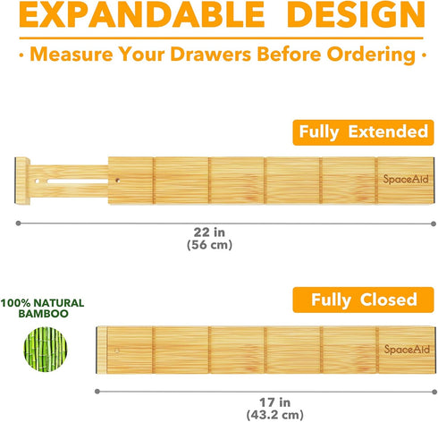 SpaceAid Bamboo Drawer Dividers with Inserts and Labels, Adjustable Kitchen Drawer Organizers, 4 Dividers (17-22 in)