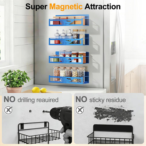 4 Pack Magnetic Spice Rack for Refrigerator, Metal Magnetic Shelf Organizer for Fridge Side, Strong Spice Storage Rack