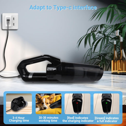 Portable Handheld Car Vacuum Cleaner, 15000PA Suction, High Power Mini Rechargeable Vacuum with LED Light,