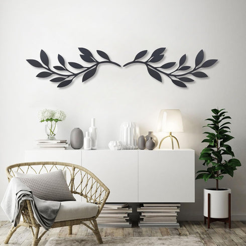 2 style1) OYEFLY Pieces Metal Vine Olive Branch Leaf Wall Decor,Tree Leaf Wall Decor for Living Room (Black