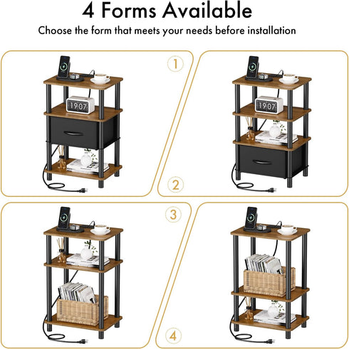 3-Tier 2-Min Bedroom Nightstand with Charging Station, Bedside Table with Adjustable Fabric Drawer, Night Table