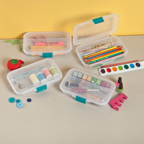 Sterilite Small Divided Pencil Box, Stackable Plastic Storage Container with Latching Lid, Clear Case, 12 Pack