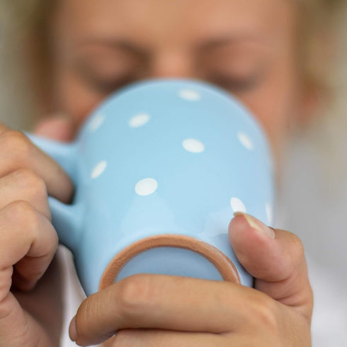 City to Cottage Ceramic Cappuccino Mug - 10oz Coffee Mug with Large Handle for Latte, Sky Baby Blue Polka Dot
