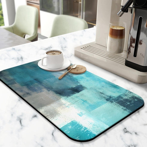 Coffee Bar Mat Accessories for Countertop, Turquoise Abstract Art Dish Drying Mats for Kitchen (20x12in)