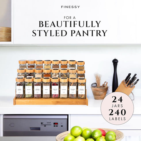 4oz 24 Pack Set, FINESSY Bamboo Glass Spice Jars with Labels and Shaker Lids Clear Empty Bottles Glass Spice Containers