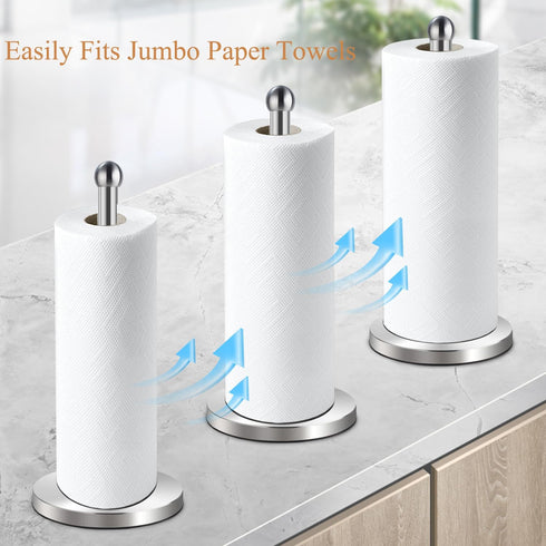 DAWNER Paper Towel Holder Countertop with Weighted Suction Cup Base, Stainless Steel Freestanding Holder for Kitchen