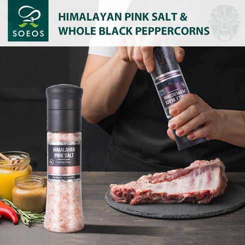 6.7oz (190g) 13.4oz (380g), Set. Soeos Whole Black Peppercorns, and Himalayan Pink Salt, Plastic Bottle Grinder