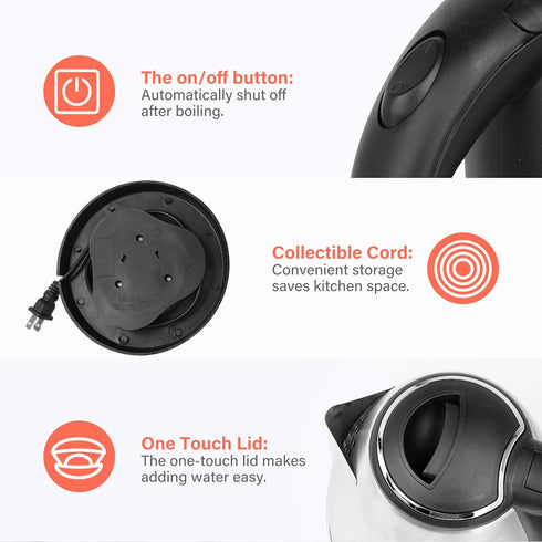 Stainless Steel Electric Tea Kettle, 1.7L Cordless Water Boiler with 360 Degree Rotational Base, 1000W, Silver