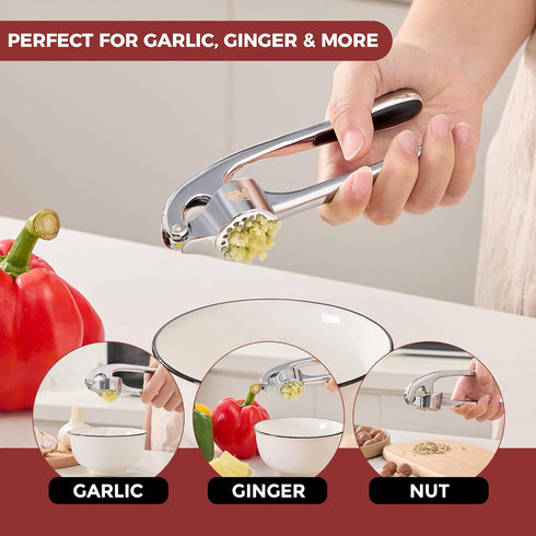 Set SAFI Garlic Press - Premium Zinc Alloy Garlic Mincer Efficient Garlic Crusher & Presser Heavy-Duty Rust-Proof