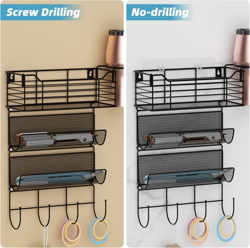 VITVITI Metal Hair Tool Organizer: Wall Mount with 3 Tier Shelf Basket Hooks, Bathroom Styling Tool Holder, Matte Black