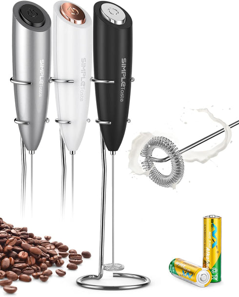 SIMPLETaste Handheld Milk Frother, Battery Operated Electric Foam Maker with Stainless Steel Whisk and Stand for