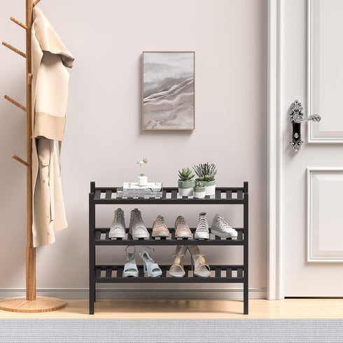ROMGUAR CRAFT 3 Closet, 27"x12"x21" Tier (Thick) Bamboo Shoe Rack for Entryway, Small Wood Shoe Shelf Storage Organizer