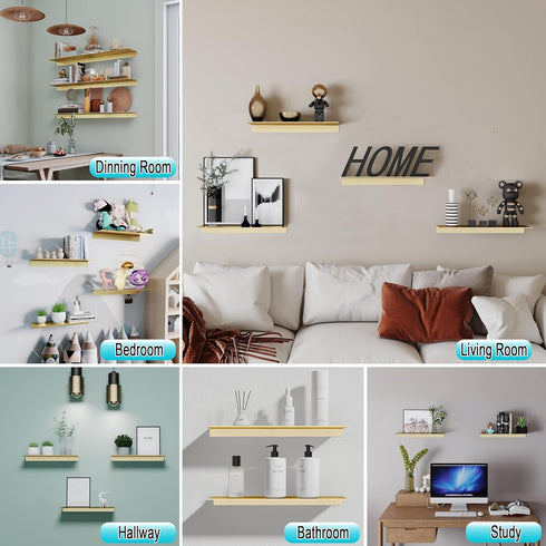 Set 2, 30CM HNVNER Metal Wall Shelves of Brushed Gold Floating Shelf, Wall Decorative Shelf for Photos, Collectibles