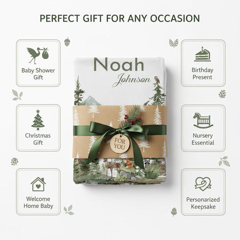 Personalized Woodland Baby Blanket with Name, Custom Name Blanket for Boy, Printed in USA, Super Soft Blankets