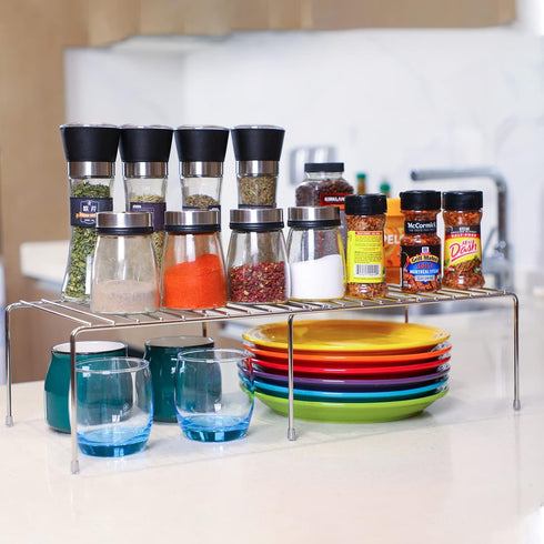 Expandable Cabinet Shelf Rack - Stainless Steel Adjustable Kitchen Countertop Shelves for Organization