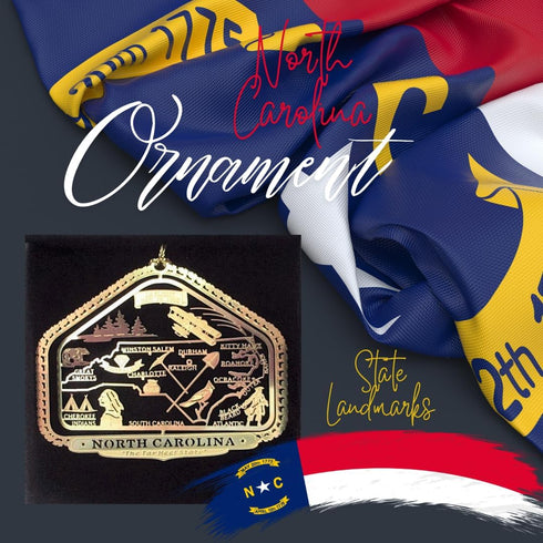 North Carolina State Brass Christmas Ornament, Nations Treasures, Raleigh, Charlotte, Roanoke, Kitty Hawk, Durham