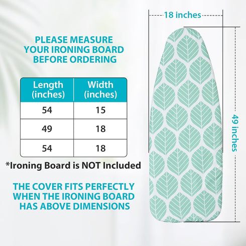 Wide Ironing Board Cover and Pad, 18 x 49 inch Heat Reflective with Hook and Loop Fasteners, Green Leaf