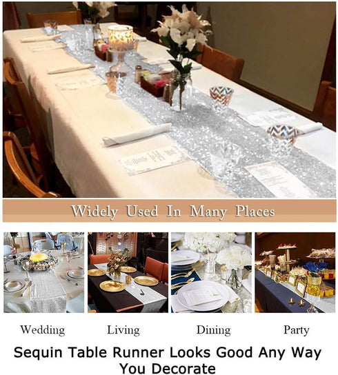 ShinyBeauty 12x48-Inch Silver-Tassel Table Runner, Small Sequined Sparkly Decor for Christmas Dinner