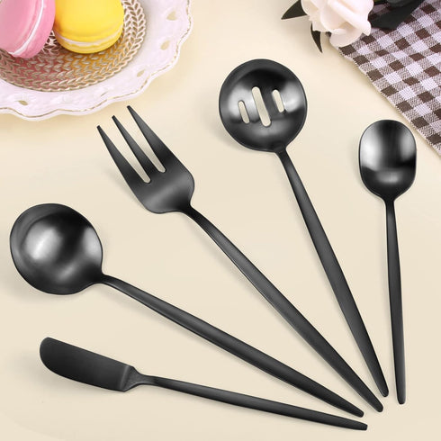 LAZAHOME 5-Piece Matte Black Serving Utensils Set, Stainless Steel Flatware for Dinner Parties, Dishwasher Safe