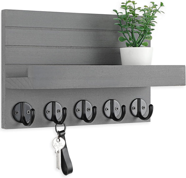 Key Holder for Wall, Decorative Key and Mail Holder with Shelf and Large Hooks for Bags and Coats
