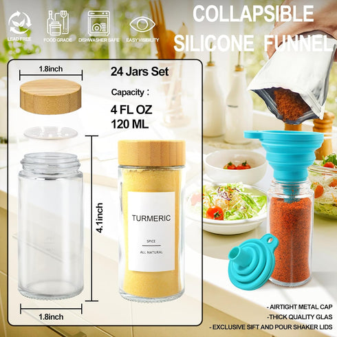 398 Labels-4oz 24 Set AISIPRIN Glass Spice Jars with Pcs,Round Seasoning Jars with Bamboo Airtight Lids,Spice Container
