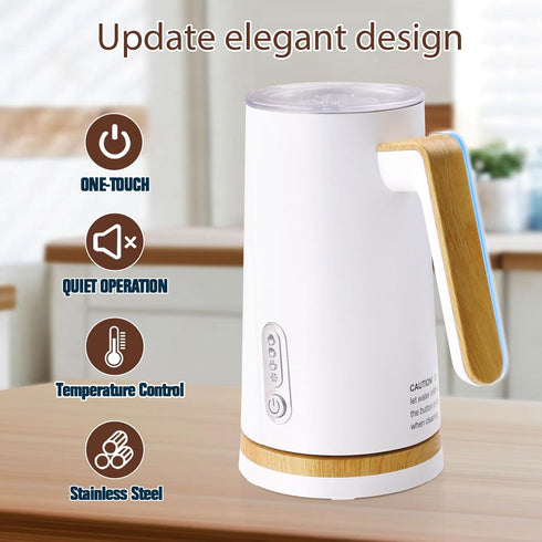 4-in-1 Electric Milk Frother and Steamer, Milk Steamer with Wood Elements Design, Automatic Hot & Cold Foam Maker