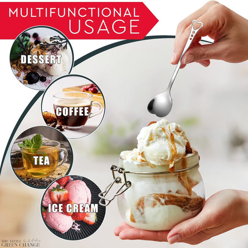 Heart Shaped Tea Spoons - Set of 6 Cute Stainless Steel Dessert Spoons, Mini Ice Cream Spoons
