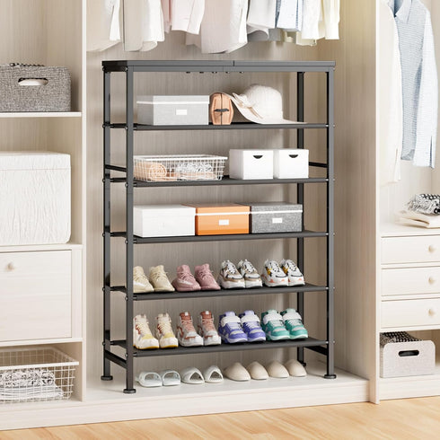 6 Mavivegue Tier Shoe Rack Organizer, Metal Organizer Shelf with with MDF Top Panel and Layer Fabric, Shoe Rack