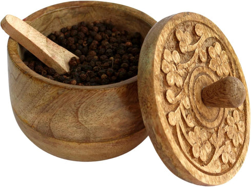 Salt Pinch Bowls - Vintage Salt Box Cellar with Wooden Lid, Spice Bowls for Cooking, Natural Mango Wood