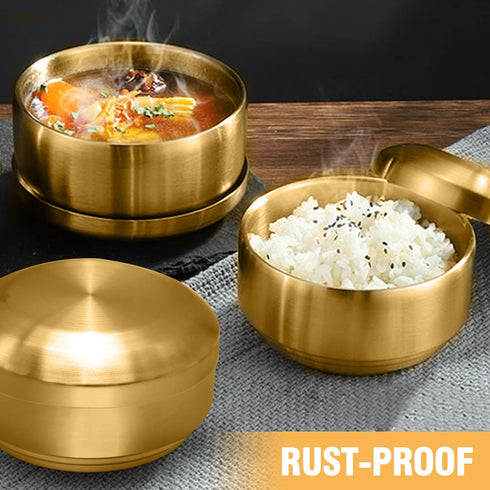 Stainless Steel Rice Bowl with Lid, Set of 2, Double-walled Metal Bowls for Korean Kitchen, 10.5cm Gold