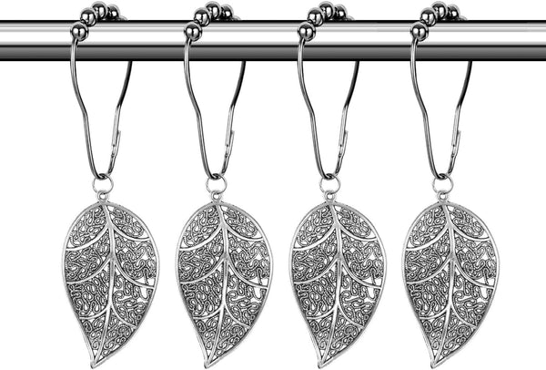 CHICTIE Silver Shower Curtain Rings Hooks - Chrome Leaves Decorative Set of 12 Stainless Steel Rust-Proof