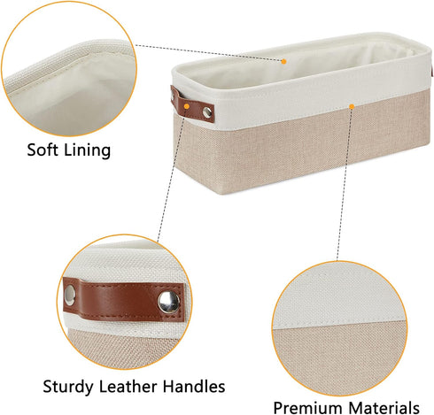 DULLEMELO 2-Pack Bathroom Baskets, Small Canvas Fabric Storage Bins with Leather Handles for Organizing Closets